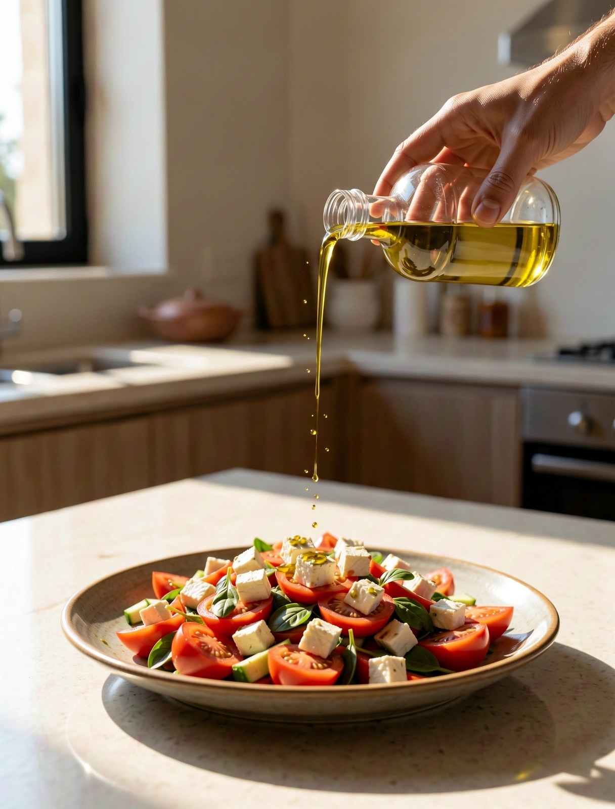 Ingredientes mediterráneos frescos bajo luz natural